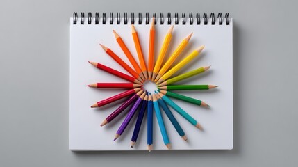 Poster - Vibrant Colored Pencils Arranged in a Circular Pattern Around a Blank Sketchbook, Showcasing Bright Hues in an Eye-Catching Display for Artists and Creatives