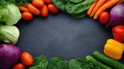 Poster - Fresh Colorful Vegetables with a Dark Slate Background for Healthy Eating, Cooking, and Nutrition Concepts in Food Photography