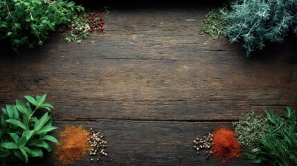 Poster - Fresh Herbs and Spices on Rustic Wooden Table, Vibrant Seasonings, Culinary Ingredients, Cooking Essentials, Top View Composition for Gourmet Dishes and Recipes