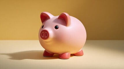 Poster - Cute and Colorful Piggy Bank on a Flat Surface with Soft Yellow Background, Perfect for Illustrating Concepts of Saving Money and Financial Growth