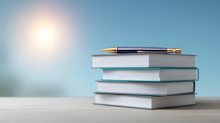 Poster - A Stack of Books with a Pen Resting on Top, Illuminated by Soft Natural Light Against a Calm Blue Sky Background, Ideal for Learning and Education Themes
