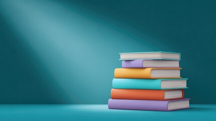 Poster - Vibrant Stacked Books in Soft Light with Simple Background Ideal for Education, Learning, or Creative Conceptual Illustrations on Knowledge and Literacy Themes