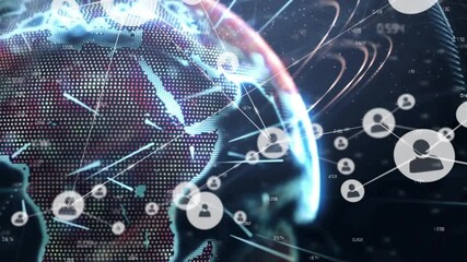Poster - Opening 3D dotted globe rotating, arcs flowing and user icons linking, showing network growth
