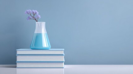 Poster - Elegant Still Life of Blue Glass Vase with Flowers on Stacked Books Against a Soft Blue Background for Modern Decor and Inspirational Themes