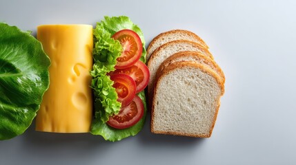 Poster - Delicious Ingredients for a Classic Sandwich Featuring Fresh Lettuce, Juicy Tomato Slices, Cheddar Cheese, and Soft Bread on a Clean Surface Ideal for Culinary Themes