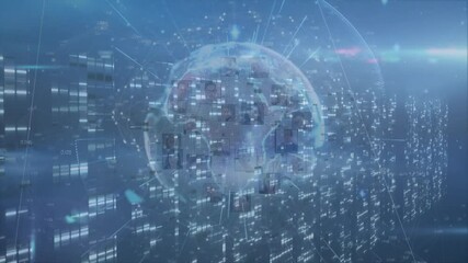 Poster - Technology data grid initiating digital globe forming while portrait tiles orbit with lines pulsing