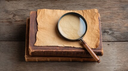 Poster - Vintage Books and Magnifying Glass on a Wooden Surface for Crafting, Reading, or Detective Themes, Ideal for a Nostalgic or Literary Concept in Photography
