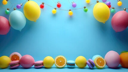 Poster - Festive Celebration with Colorful Balloons, Bright Macarons, and Vibrant Fruit Slices Against a Soft Blue Background for Party and Event Themes