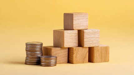 Poster - Wooden Blocks and Stacked Coins on Yellow Background Symbolizing Financial Growth, Investment, and Savings Concepts in Minimalist Design for Stock Photography