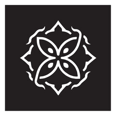 Poster - Elegant white abstract symmetrical floral design with four petals and decorative elements on black background