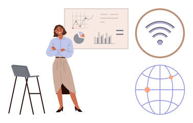 Poster - Professional stands near a graph-filled presentation board globe and wireless connectivity icons enhance the theme. Ideal for business, technology, communication, data, leadership, education, global