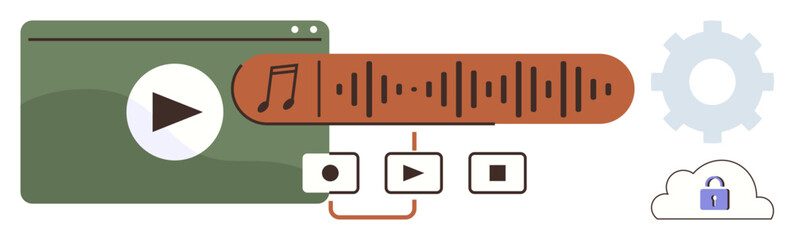 Poster - Media player UI elements, including play, pause, and soundwave, accompanied by gear and cloud with a lock. Ideal for multimedia, technology, data security, streaming cloud storage user interfaces