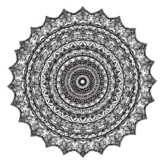 Poster - Intricate black and white mandala with complex geometric patterns and radial symmetry on a white background