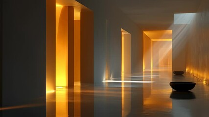 Poster - a serene illuminated corridor bathed in soft ambient light, featuring reflective surfaces and minimalist design elements, evokes tranquility