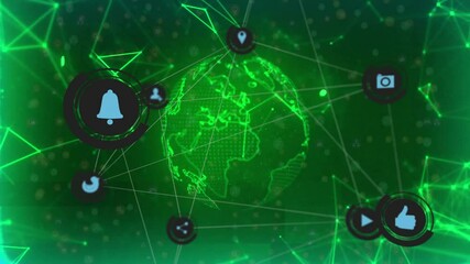 Poster - Network powering wireframe globe materializing with orbiting icons pulsing rotating continents