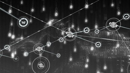 Poster - Central globe icon appearing, network extending nodes and streaming digits showing tech data flow