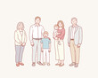 © autumnn - Happy big family portrait. Mom and dad, children and grandparents. Hand drawn style vector design illustrations.