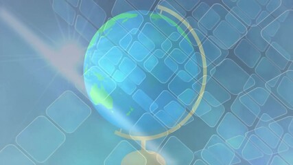 Poster - At start, globe rotating, squares drifting diagonally, lens flare pulsing, showcasing continents