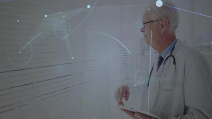 Poster - Doctor tapping tablet screen and swiping through medical data network causing bright light flare