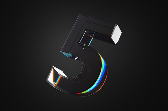 Close-up glass number five on black background. 3d rendering illustration