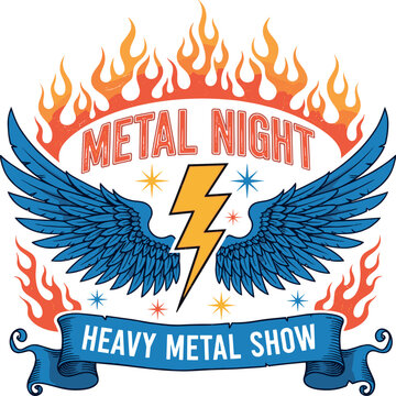 Metal night Rock and roll t-shirt design. wings and fair text make a vintage retro graphics. Long live Rock and roll vintage graphic design. cowboy is rock n rol
