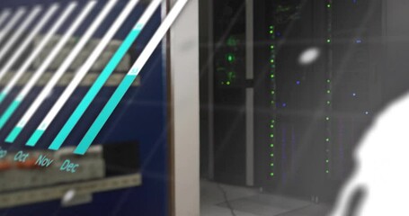 Poster - Starting data charts animating over server racks, code scrolling, rotating globe, graph appearing