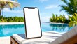 © tong4130 - 3d render of blank smartphone on poolside chair with sunlight reflections and clear summer sky