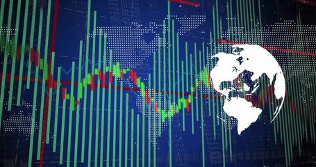 Aufkleber - opening map driving green candles rising, red trend line gliding, globe rotating for market trends