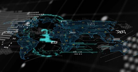 Poster - Swirling sphere morphing into map while lines pulsing teal padlock spinning ring ensuring security