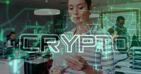 Poster - Female analyst tapping tablet summoning green crypto interface for finance insights in office