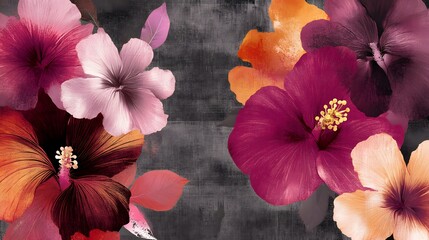 Wall Mural - Vibrant Hibiscus Flowers Dark Grey Background Botanical Art Print