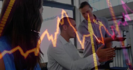 Poster - Team member turning tablet and discussing market data for finance decision with chart overlay