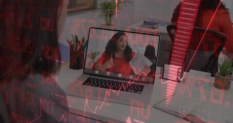 Poster - User launching laptop meeting starting speaker illustrating market data with red graphs fading in