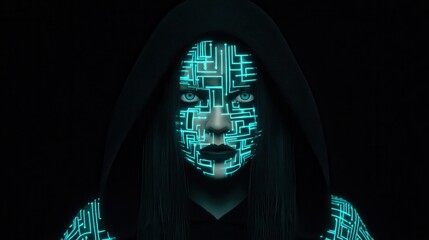 Aufkleber - Close-up portrait of a person with glowing circuit patterns on their face.