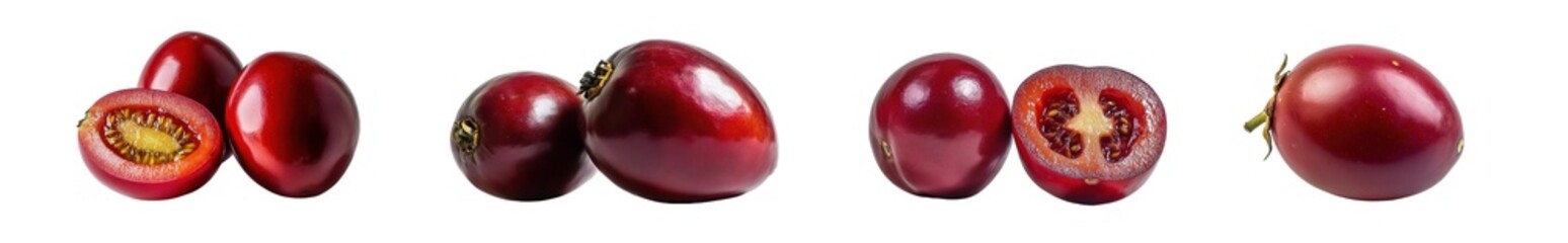 Poster - Close-up view of whole and halved crimson tomatoes isolated on transparent background