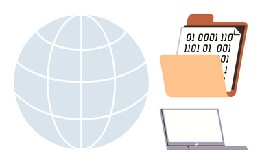 Poster - Globe symbolizes global connectivity, folder with binary code represents digital data, and laptop signifies access to technology. Ideal for technology, networking, data sharing, education