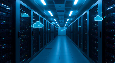 Poster - Data Haven's Digital Landscape: A state-of-the-art data center, illuminated by cool blue hues, showcases a vast network of servers. A visual representation of the cloud ecosystem floats overhead.
