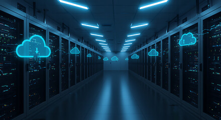 Poster - Data Center Elegance: A meticulously organized data center exudes a sense of technological sophistication and cutting-edge digital advancement.