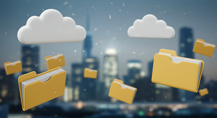 Poster - Cloud Storage and Cityscape: An eye-level view presents a digital rendition of cloud storage, featuring floating folders set against a blurred urban panorama.