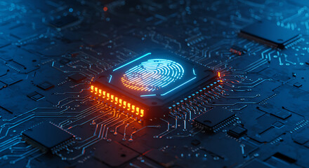 Poster - Digital Fingerprint Security: High-tech circuit board with a glowing fingerprint symbol, representing cutting-edge data security.