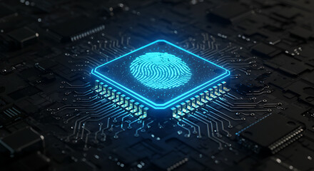 Poster - Digital Security: A close-up view of a modern circuit board featuring a glowing fingerprint, representing advanced security and biometric technology.