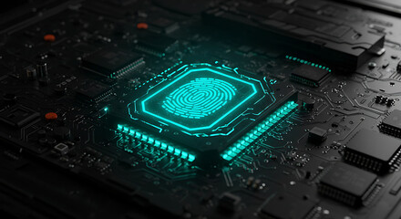 Poster - Futuristic Biometric Security: A luminous fingerprint glows on a circuit board, symbolizing advanced security and biometric technology integration with cutting-edge electronics and data protection.