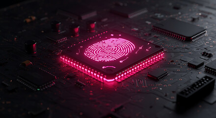 Poster - Cyber Security Chip: A close-up view reveals a motherboard chip, featuring a glowing fingerprint, which creates an atmosphere of security and technological advancement. 