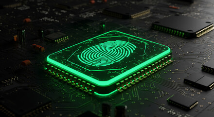 Poster - Digital Identity: A close-up shot of a microchip with glowing fingerprint recognition, emphasizing secure access and digital identification. 