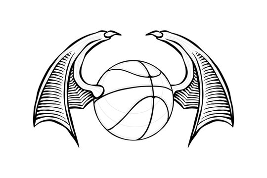 line art illustration of a basketball with bat wings in a carved style