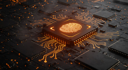 Poster - Digital fingerprint integration: A captivating macro shot reveals a glowing digital fingerprint integrated into a circuit board, symbolizing advanced security, data protection.