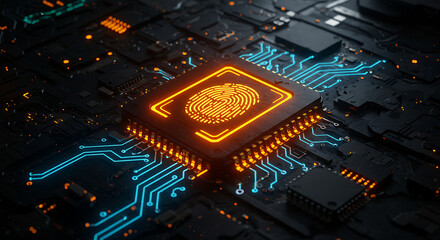 Poster - Digital Fortress: An artistic depiction of a computer chip, enhanced with a fingerprint graphic. Capturing the essence of cyber security and data protection.
