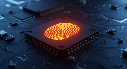 Poster - Digital Security Sentinel: A close-up image showcases a microchip at the core of digital security, featuring an illuminated fingerprint.