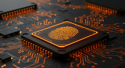 Poster - Cyber Security: Golden fingerprint security system on circuit board and processor represents secure identification and cutting-edge tech.