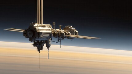 Aufkleber - A large, intricate space station orbits a distant planet.